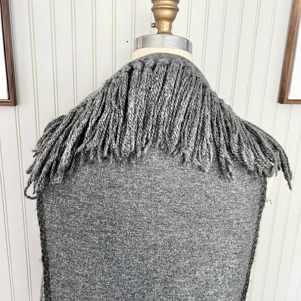 Fringed Cape Double Layered Grey Cardigan Vest Cape Long Length View 6